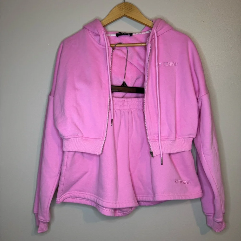 Kittenish Pink Lounge Set Cropped Zip Hoodie &‎ Shorts S/M